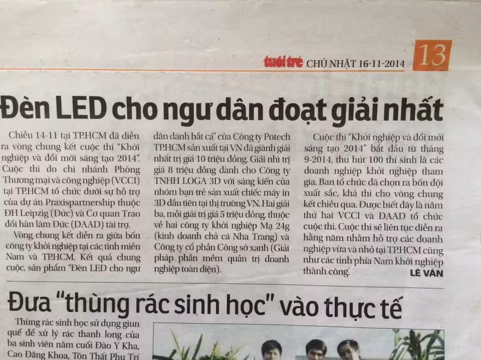 Tuổi trẻ đăng tin về giải nhất của POTECH về Đèn LED cho ngư dân