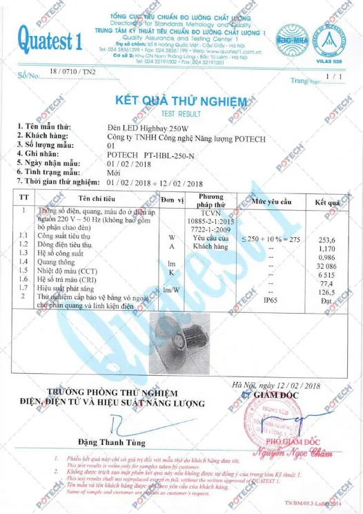 Kết quả kiểm định chất lượng đèn LED nhà xưởng 250W PT-HBL-250