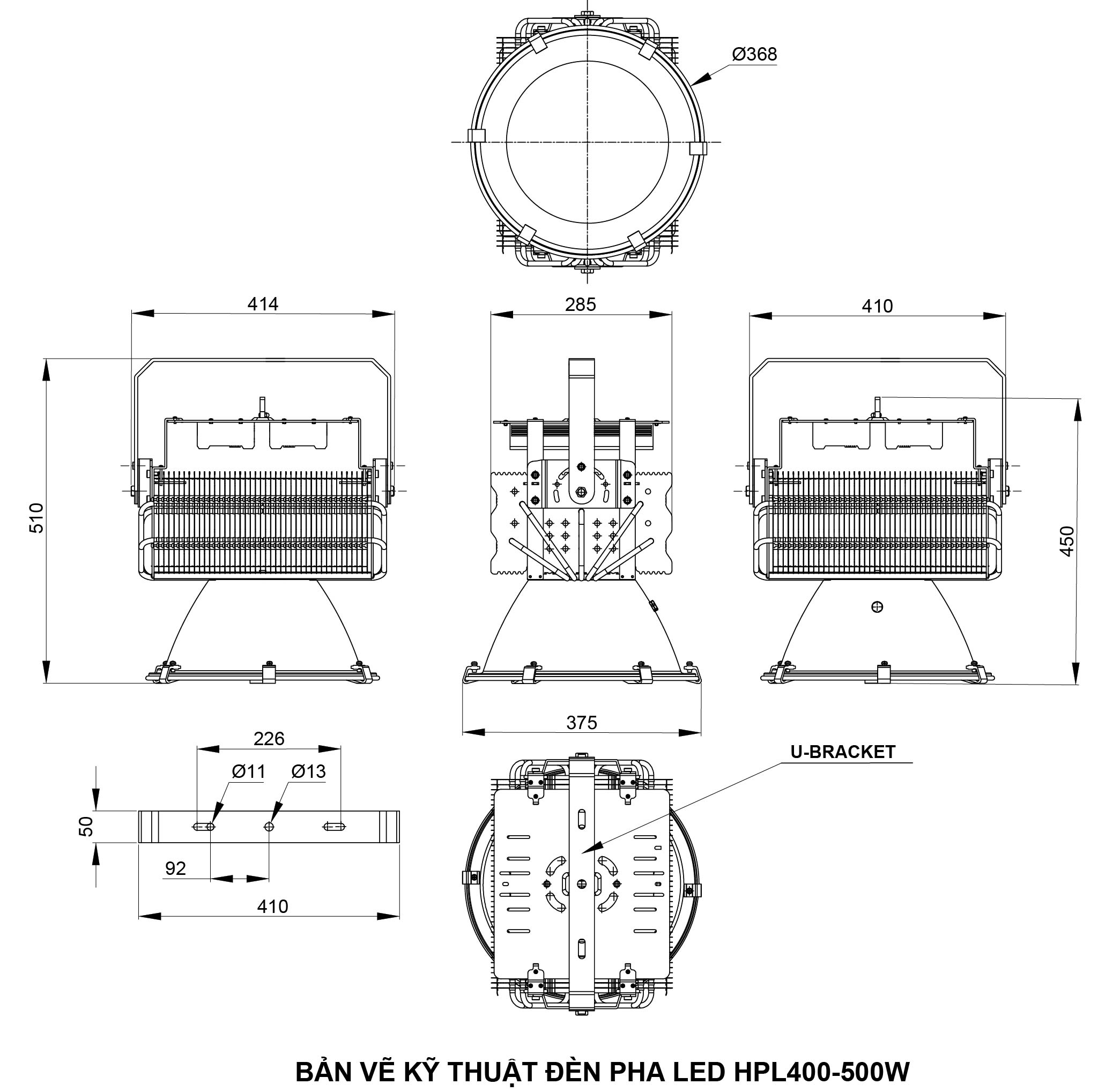 Bản vẽ kỹ thuật đèn pha LED 400W 500W