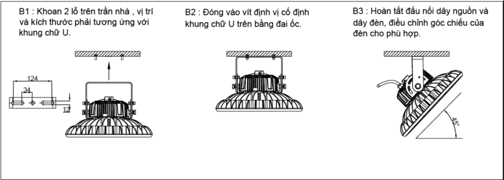 Lắp đặt đèn LED high bay bằng quai chữ U