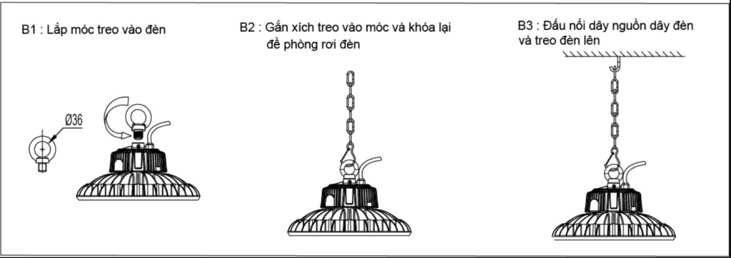 Lắp đặt đèn LED high bay bằng móc treo