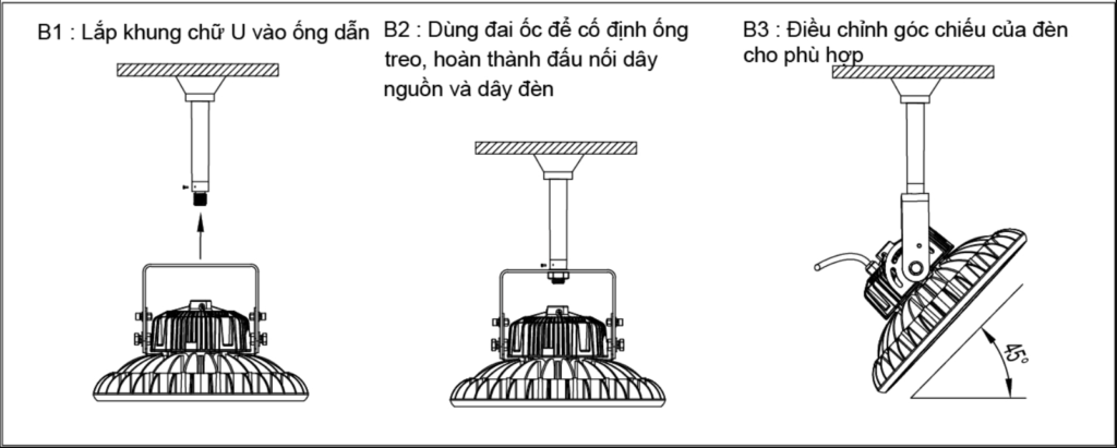Lắp đặt đèn LED high bay bằng ống