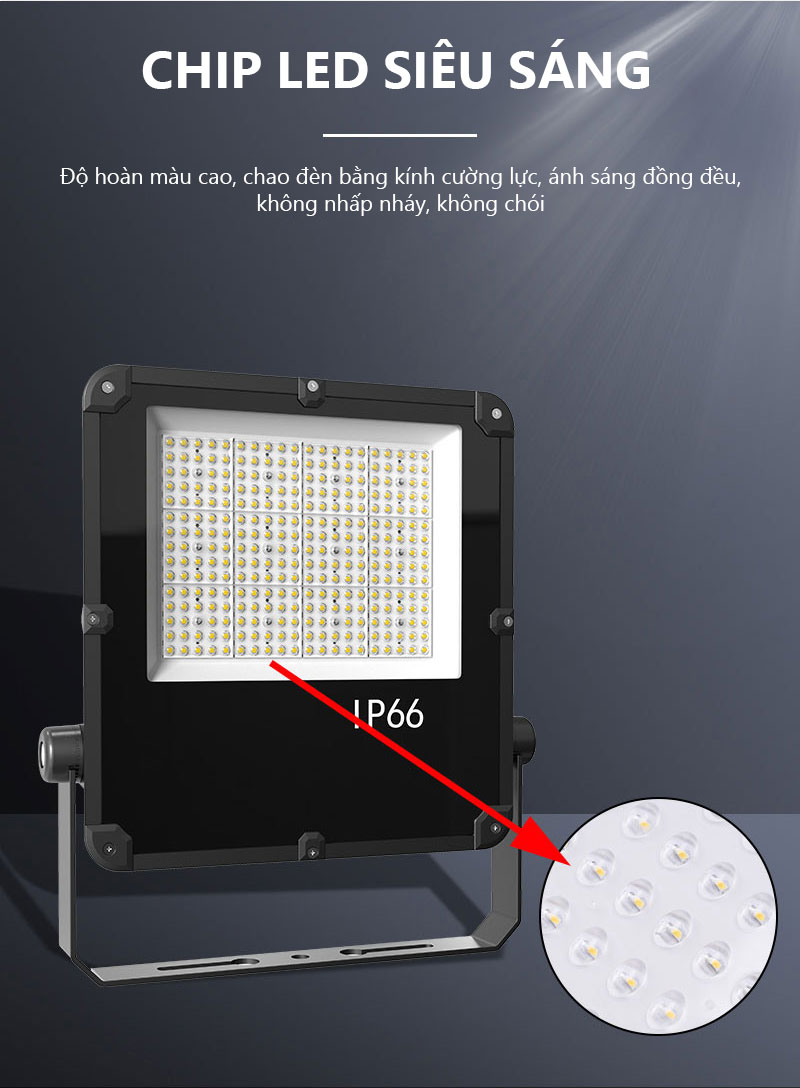 Cận cảnh ma trận 288 chip LED siêu sáng trên bảng mạch đèn PT-FL4 120W