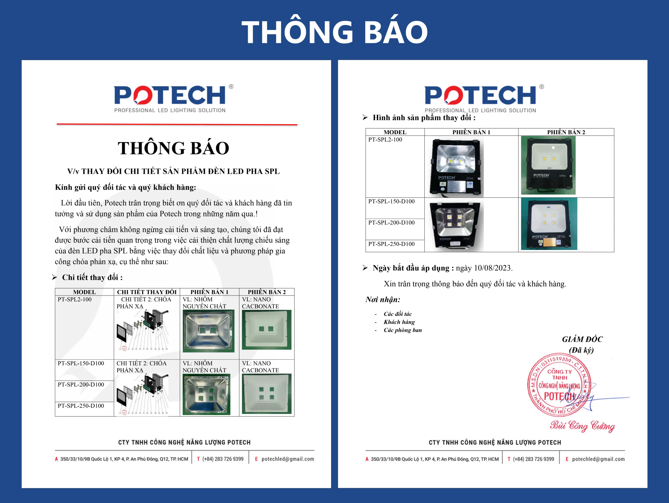 THÔNG BÁO NÂNG CẤP SẢN PHẨM ĐÈN LED PHA