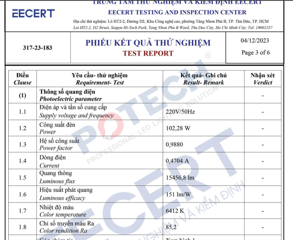 Báo cáo thử nghiện EECERT đèn LED UFOH 100W của POTECH