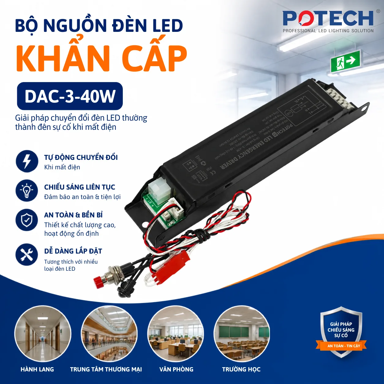 Bộ nguồn khẩn cấp cho LED POTECH DAC-3-40W Bộ nguồn khẩn cấp cho LED POTECH DAC-3-40W
