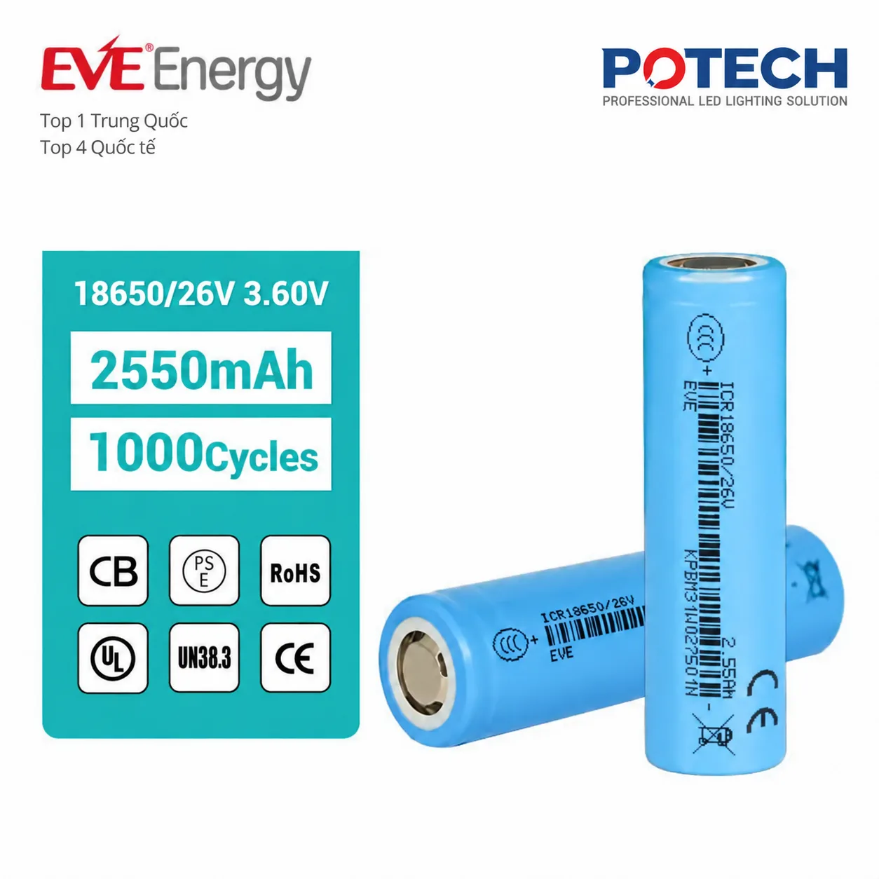 Cell pin Lithium-ion EVE 18650/26V - 3.7V - 2550mAh - Dòng xả tối đa 7.5A