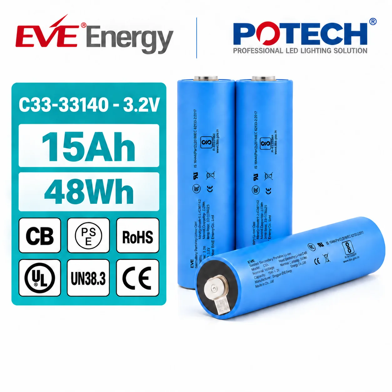 Cell pin LiFePO4 EVE C33-33140 3.2V 15Ah 15000mAh 48Wh